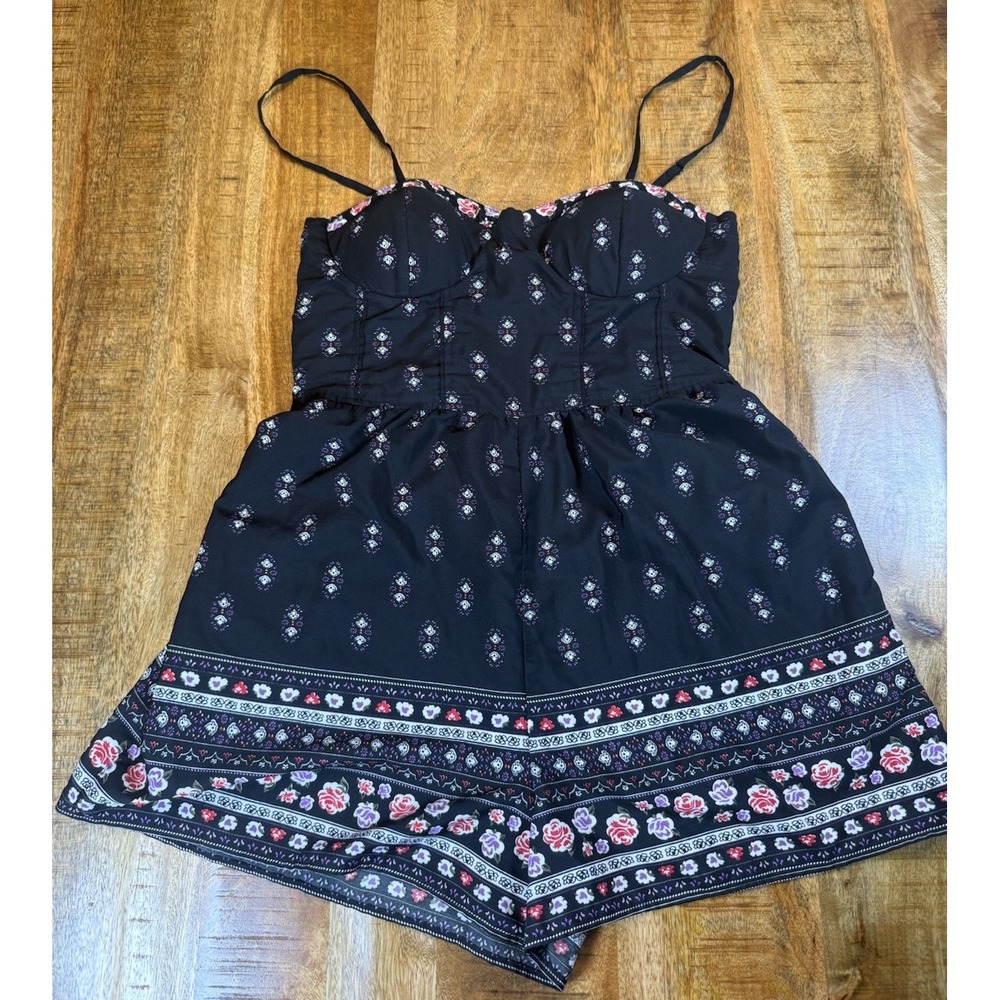 Band of Gypsies Romper L Black Floral Bustier Smocked Boho Y2K Festival